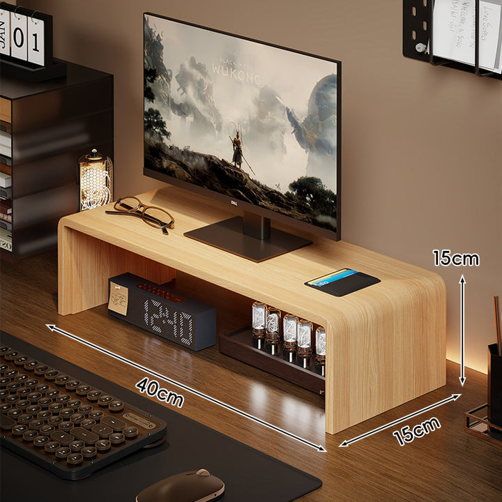Low-Profile Curved Desktop Monitor Platform with Integrated Under-Shelf Organizer and Ambient Backlight