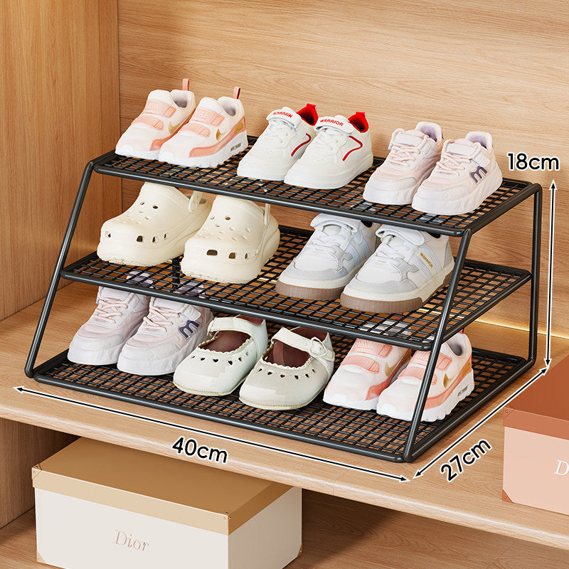 Multi-Tier Compact Metal Mesh Shoe Display Rack for Entryway and Closet