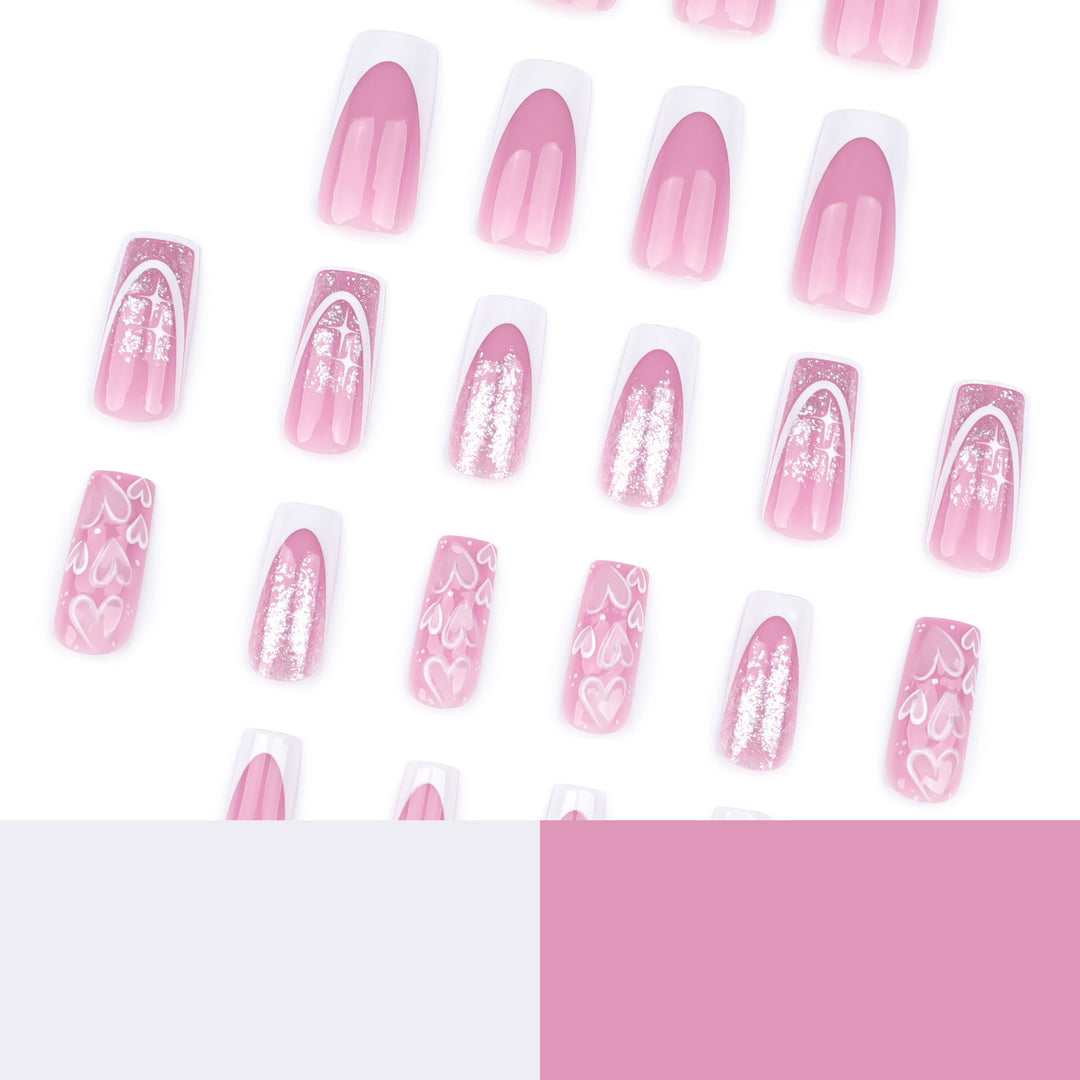 Artful Nail Extensions with Modern Glitter Design and Heart Accents Kalsten