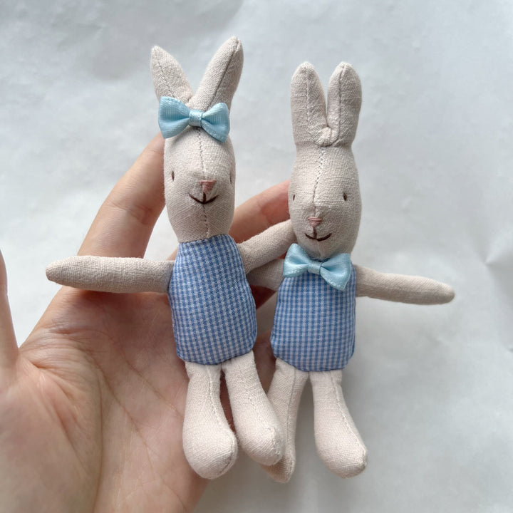 Miniature Linen Rabbit Comforter Plush with Gingham Pocket Dress and Ribbon Bow