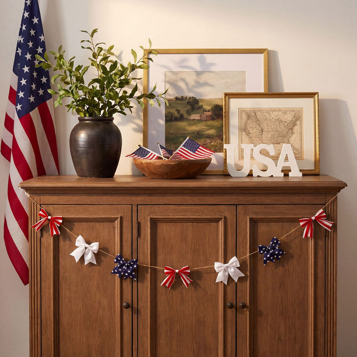 Unisex decorative garland with striped fabric bows and jute cord Kalsten