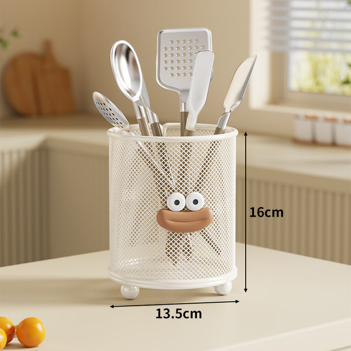Mesh Square Utensil Holder Tabletop Kitchen Organizer with Playful Face and Raised Feet