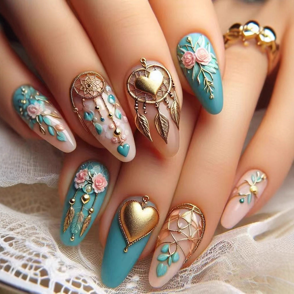 Acrylic nail set with stunning 3D rose and heart decorations Kalsten