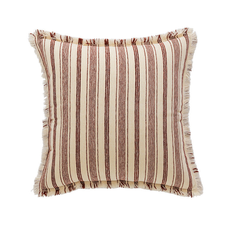Striped Coastal-Inspired Cotton Square Pillow Cover with Fringed Edge and Concealed Zip