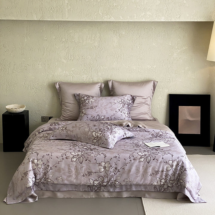Jacquard bedding set with tonal floral relief and silky-matte finish