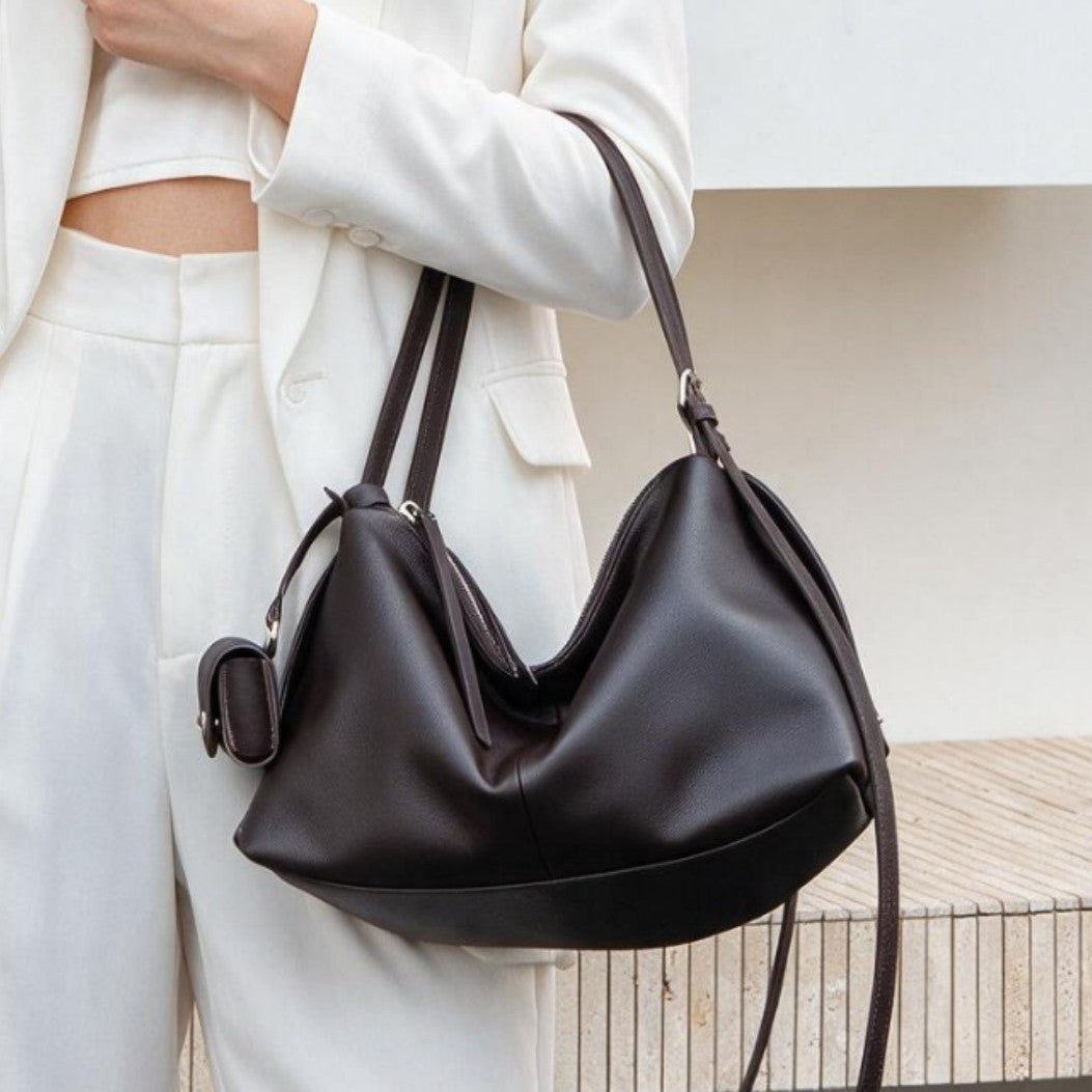 Slouchy Pebbled Hobo Shoulder Bag with Top Zip and Detachable Mini Pouch