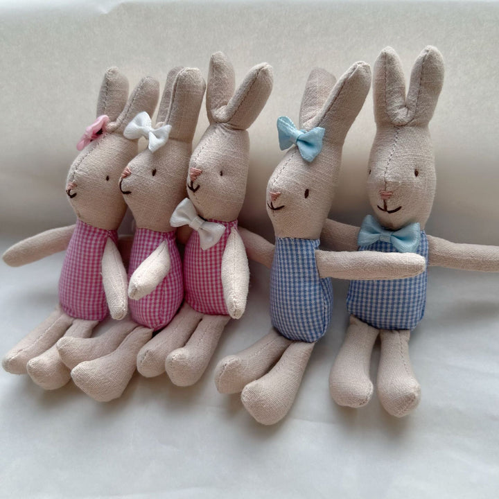 Miniature Linen Rabbit Comforter Plush with Gingham Pocket Dress and Ribbon Bow