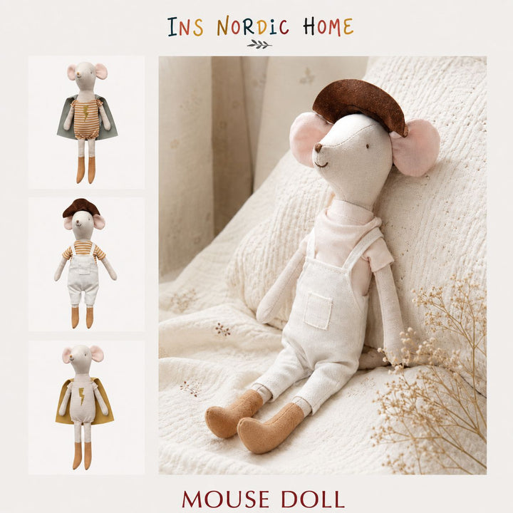 Handcrafted Long-Legged Linen Mouse Plush Doll with Striped Romper