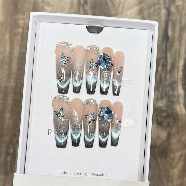 Artistic Ombre Press-On Nail Art Set with Butterfly and Gemstone Accents Kalsten