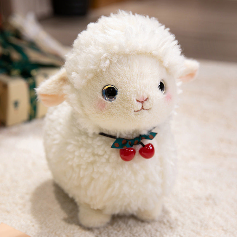 Curly Plush Lamb Comforter Toy with Embroidered Face and Decorative Bow Charm Kalsten
