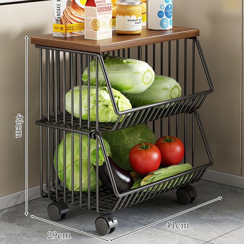 Countertop Wooden Top Metal Wire Fruit and Vegetable Storage Rack