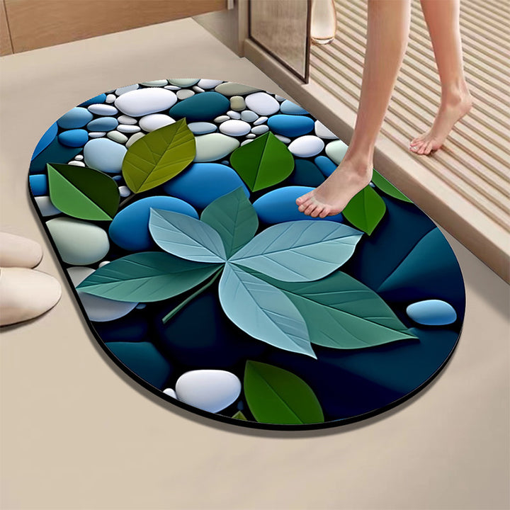 Artistic Leaf and Stone-Themed Bath Mat