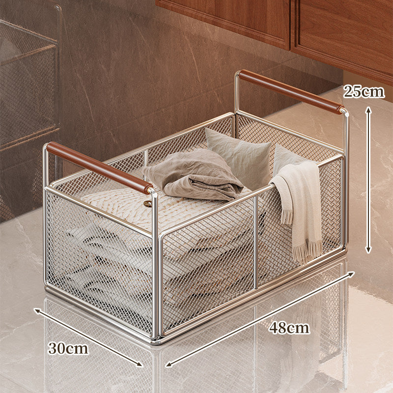 Mesh Utility Storage Basket with Wooden Grip Handles for Kitchen and Home Organization