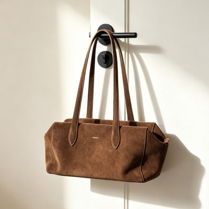 Suede Elongated Rectangular Shoulder Tote with Long Double Straps