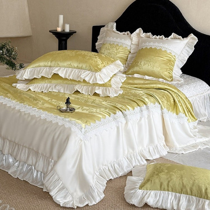 Elegant bedroom set: Jacquard satin bedspread with decorative ruffle and lace trim