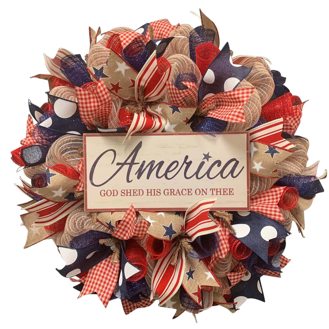 Unisex nan handcrafted Americana medallion wreath with layered deco mesh ribbons star motif bows and rustic sign Kalsten