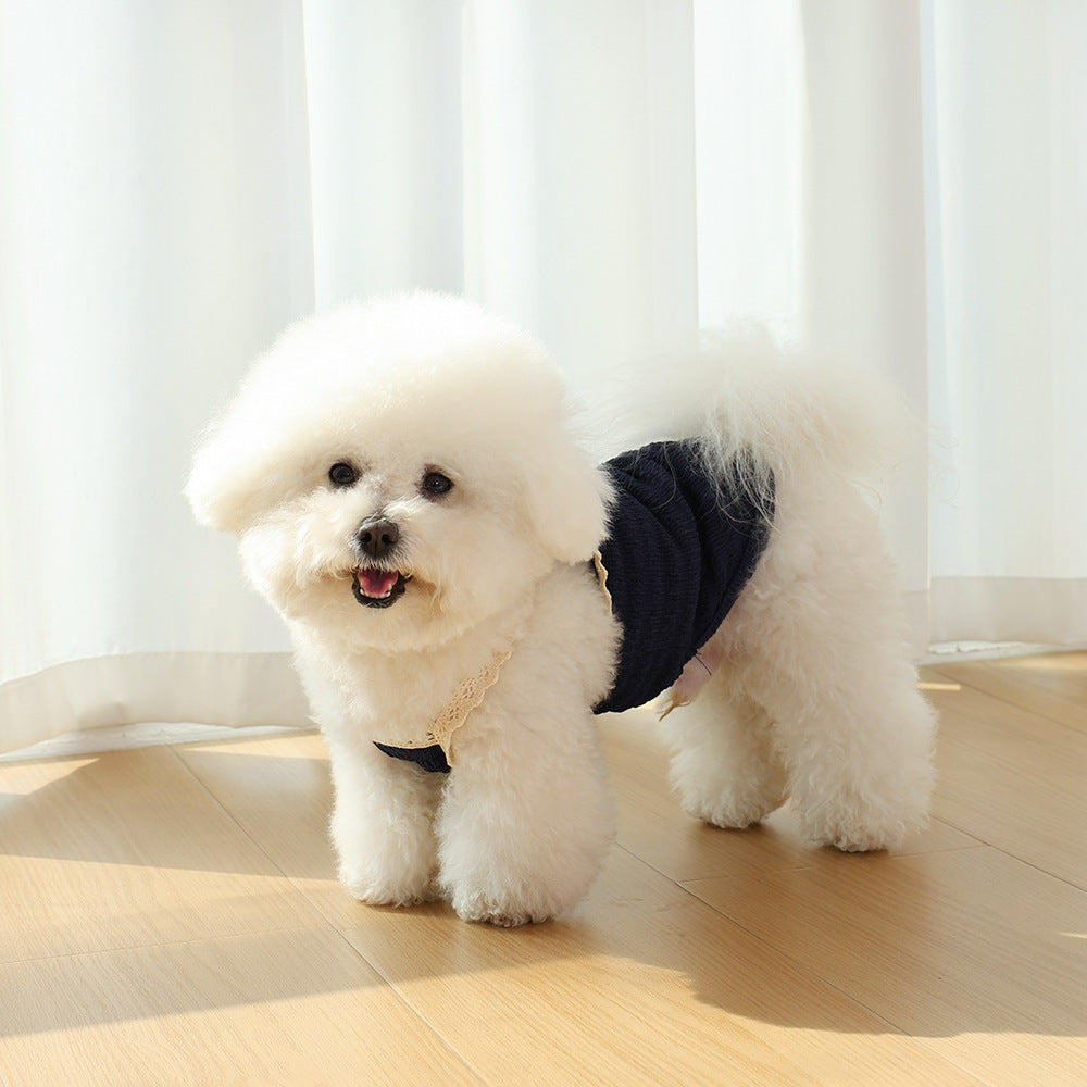 Small Dog Ribbed Lace-Trim Bodysuit Harness Tee
