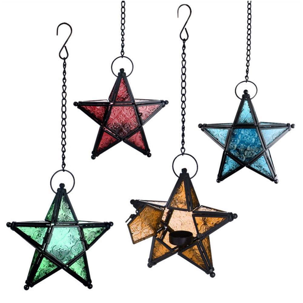 Moroccan-Inspired Stained Glass Star Hanging Lanterns with Embossed Panels Kalsten