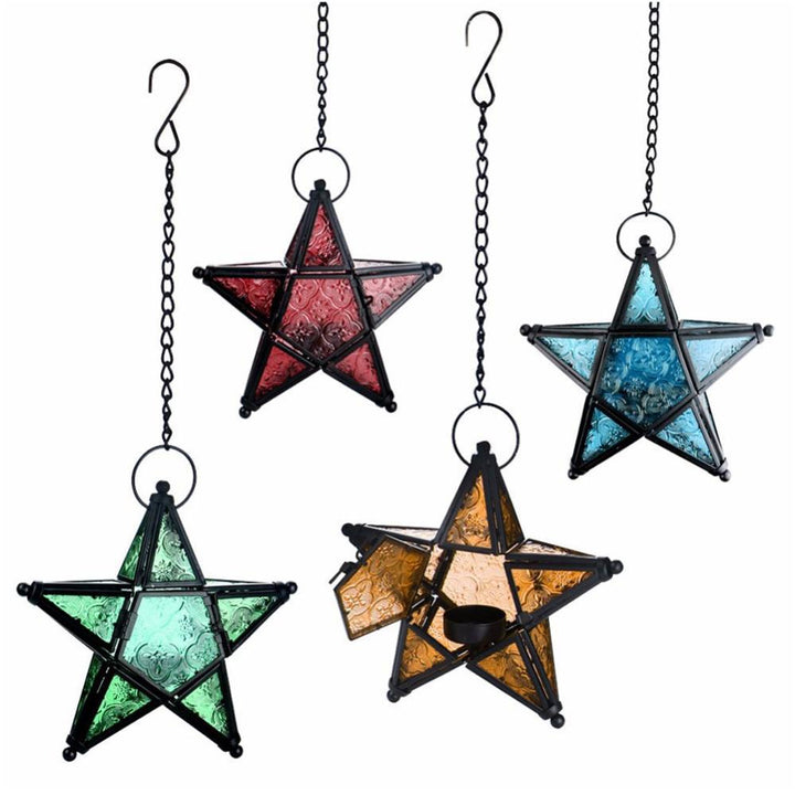 Moroccan-Inspired Stained Glass Star Hanging Lanterns with Embossed Panels Kalsten