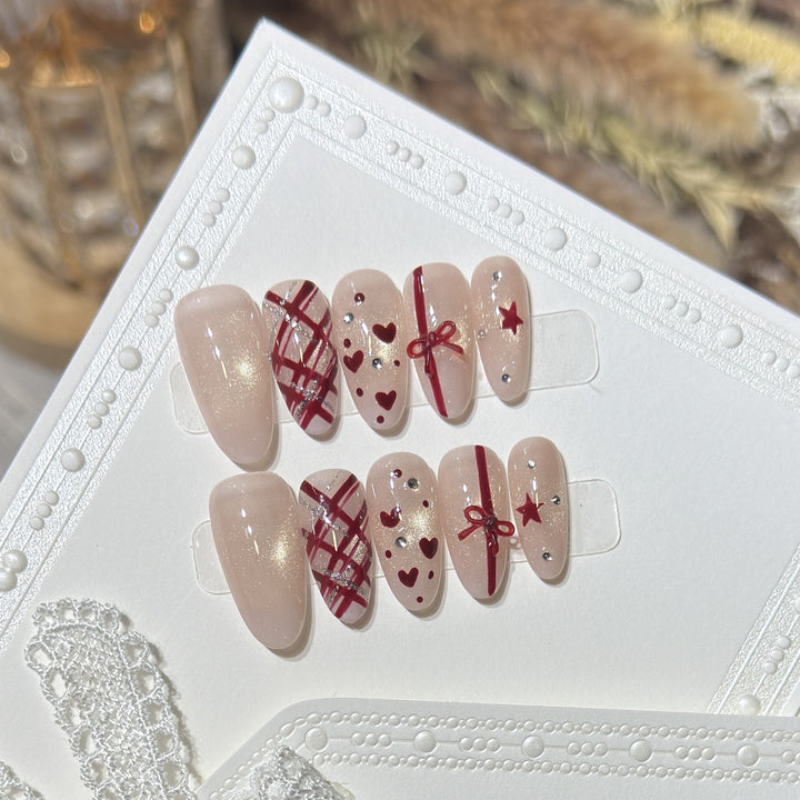 Romantic Themed Press-On Nail Set with Heart and Bow Accents Kalsten