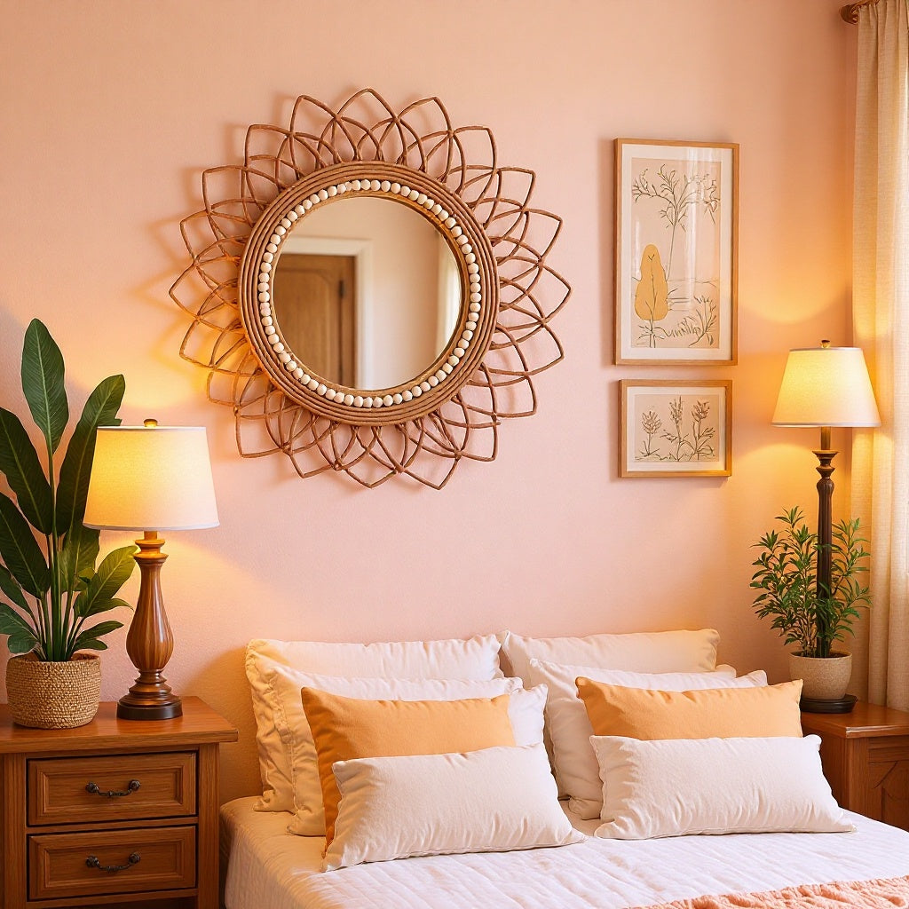 Decorative wall mirror with rattan frame Kalsten