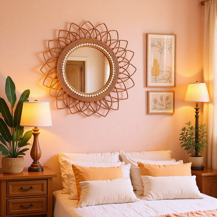 Decorative wall mirror with rattan frame Kalsten