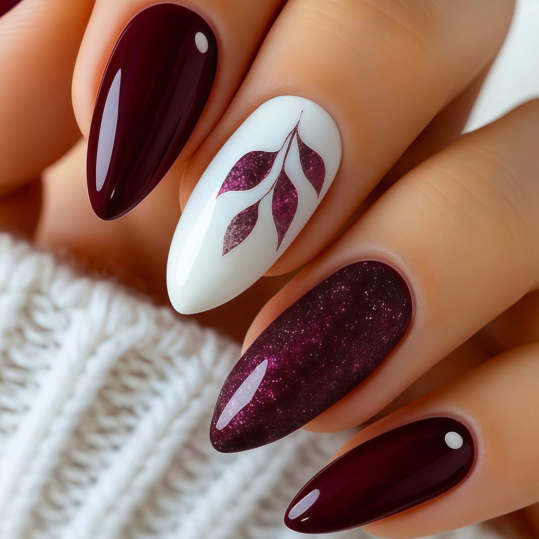 Artistic Press-On Nail Art Set with Glittery Leaf Design Kalsten