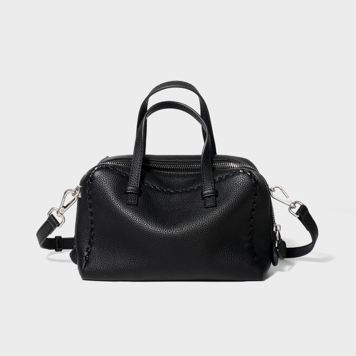 Pebbled Leather Top-Handle Crossbody Satchel with Whipstitch Trim