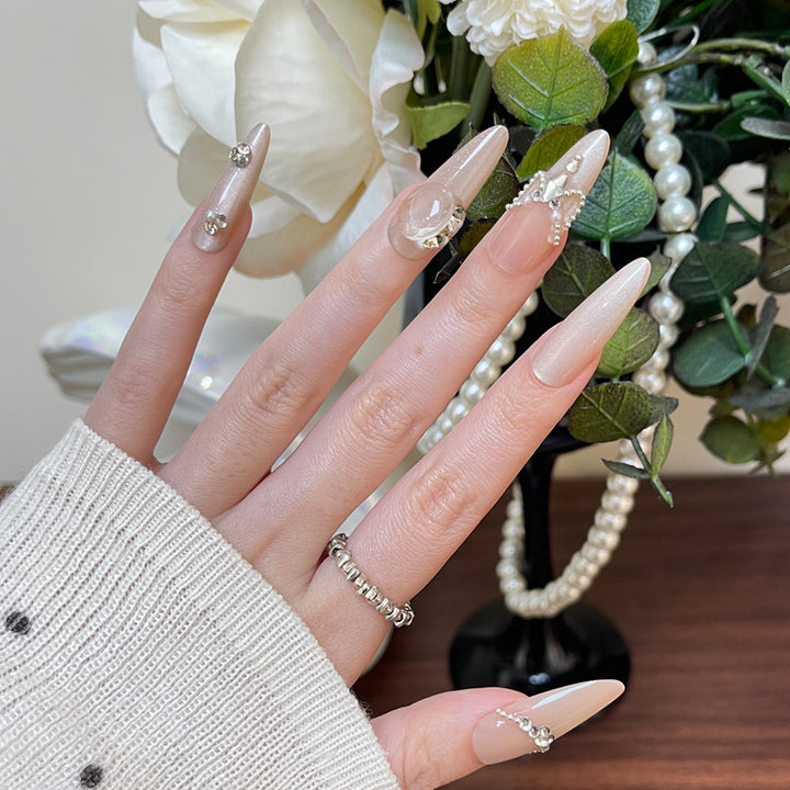 Elegant Stiletto Press-On Nail Art with Rhinestone and Pearl Accents Kalsten