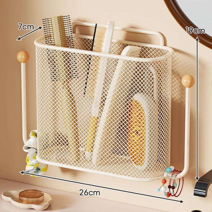 Wall-Mounted Diamond Mesh Vanity Basket Organizer with Dual Side Hooks and Curved Top Rail