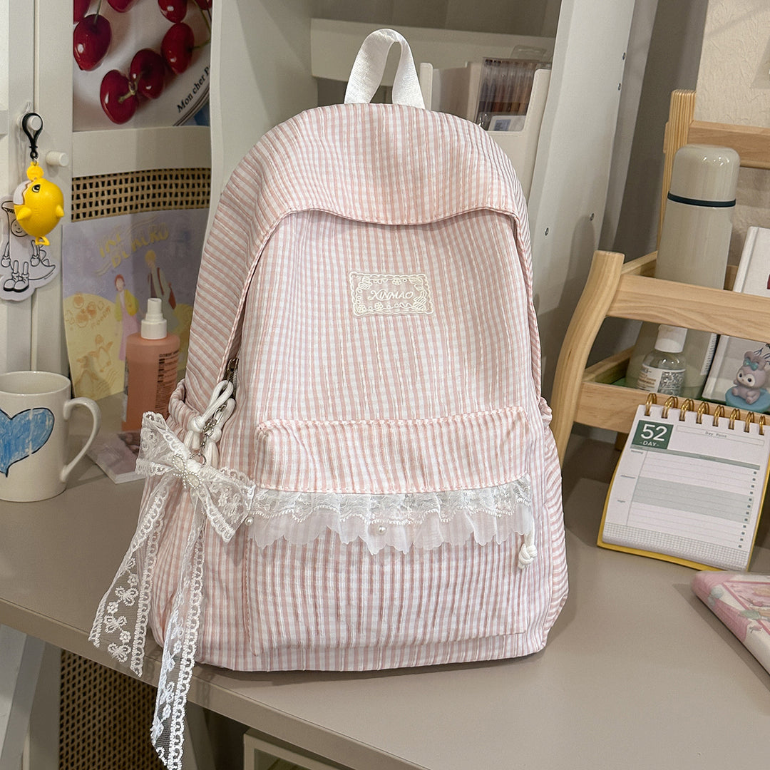 Charming Striped Lace-Trimmed Backpack Kalsten