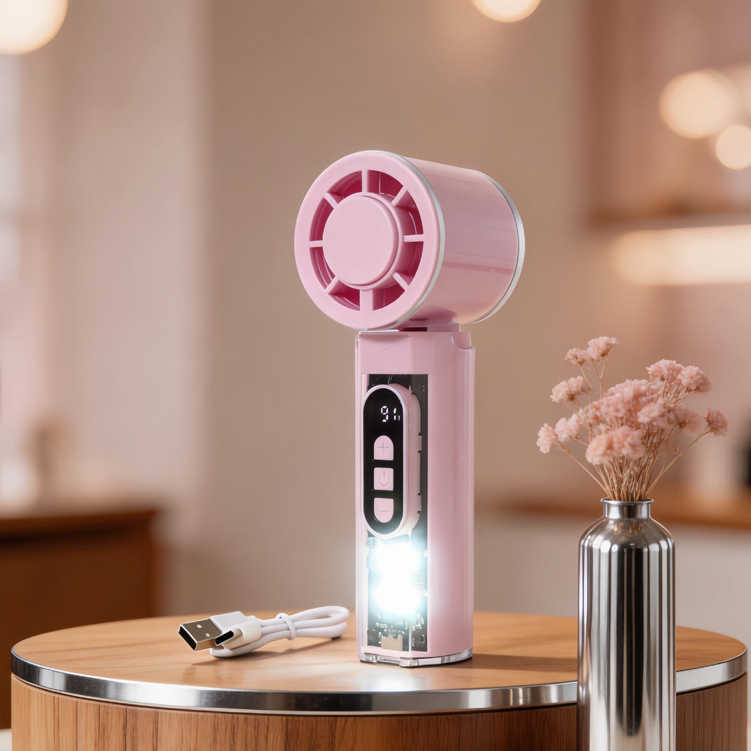 Women Portable Hand Fan with Temperature Display and LED Lighting Kalsten