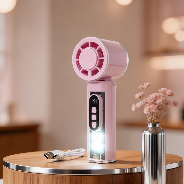 Women Portable Hand Fan with Temperature Display and LED Lighting Kalsten