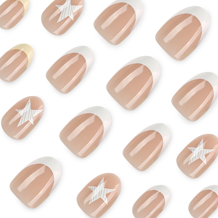 Elegant artificial nails with classic French tip and intricate star design Kalsten