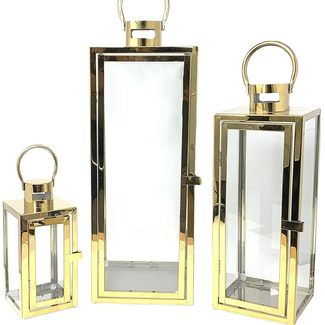 Stainless-Steel Glass Panel Rectangular Lanterns with Ring Handles and Hinged Door Kalsten