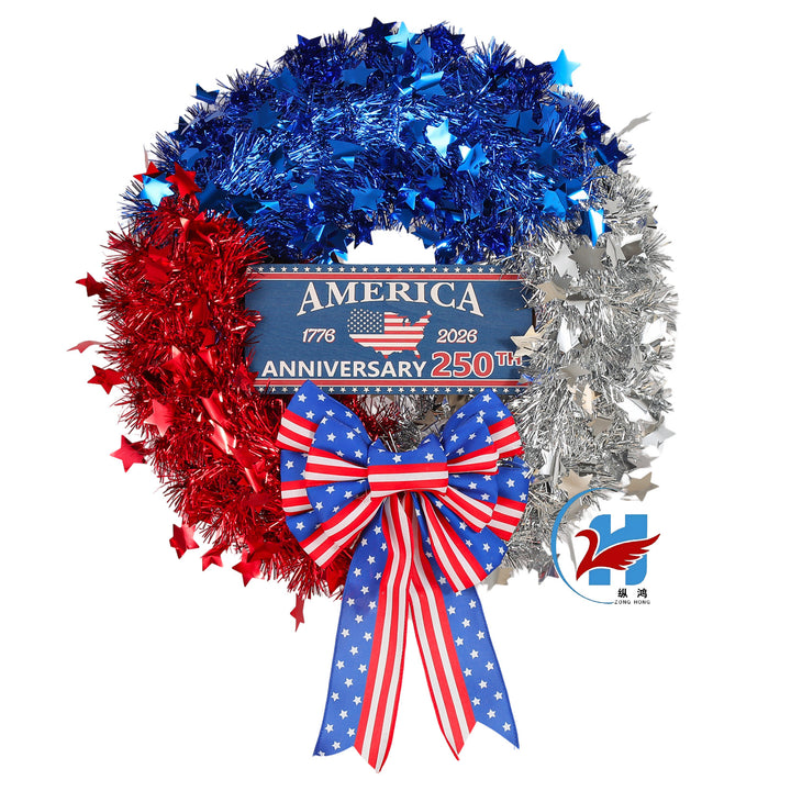 Unisex nan more patriotic door wreath made of tinsel with star embellishments and large bow Kalsten