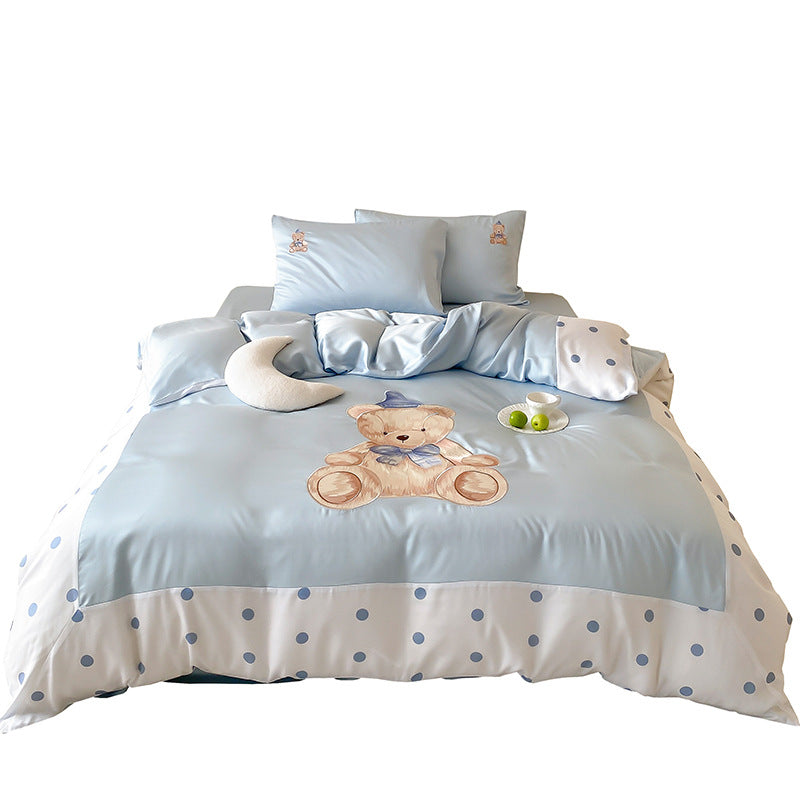 Reversible satin bedding set for children with a large watercolor teddy, polka dot border, and silky-matte finish