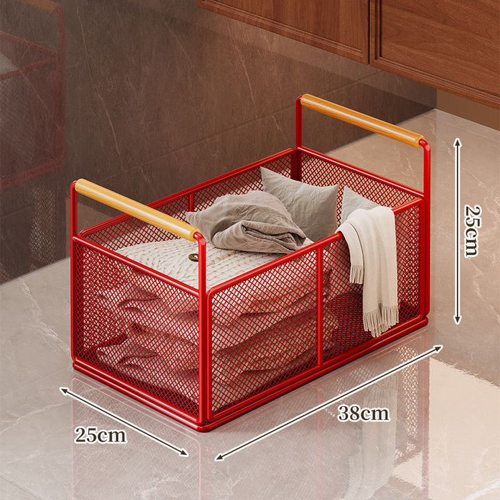 Rectangular Metal Mesh Storage Basket with Dual Wood-Hand Grips