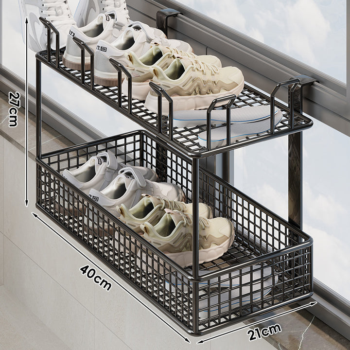 Window-Rail Hanging Shoe Storage Basket with Ventilated Grid and Adjustable Clamp Hooks