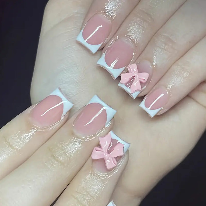 Elegant French Tip Press-On Nails with Bow Detail Kalsten