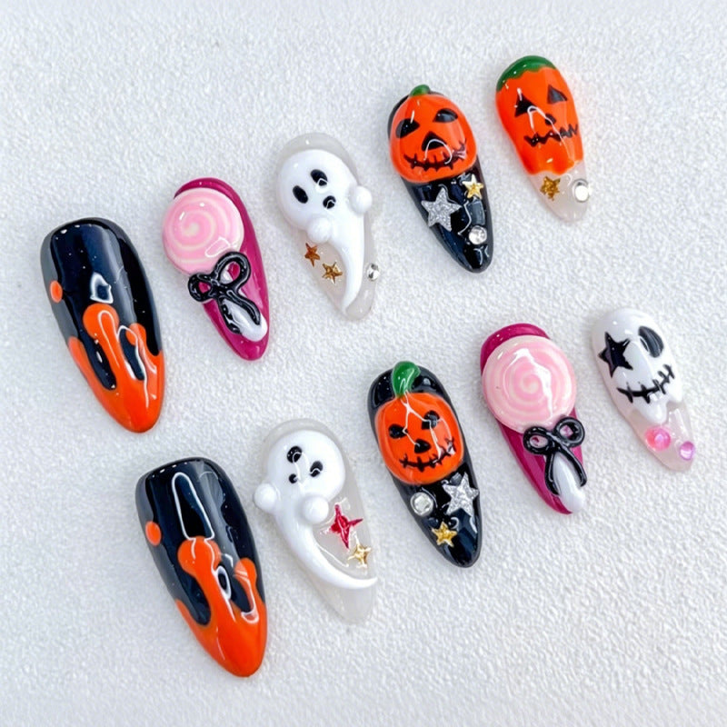 Halloween Artificial Nail Set with Creative Ghost and Pumpkin Designs Kalsten