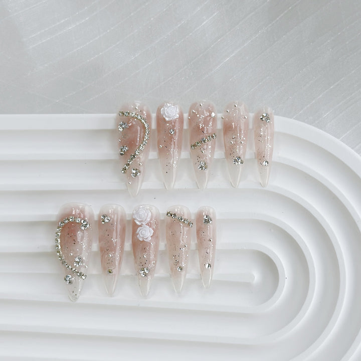 Artistic Press-On Nail Art Set with Heart and Celestial Designs