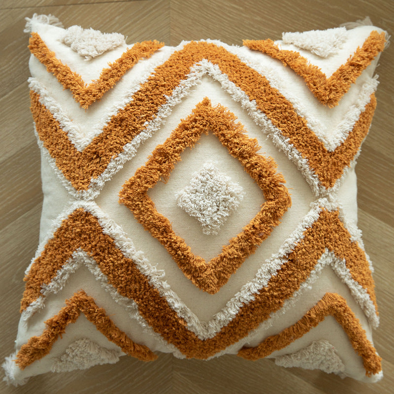 Square Textured Pom-Pom Dot Throw Pillow Cushion with Tassel Corners and Shaggy Tufted Accents
