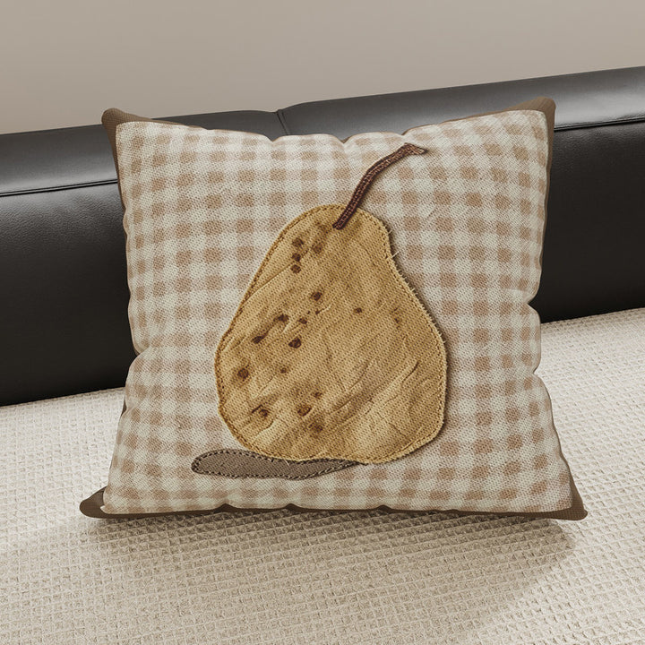 Decorative Gingham Embroidered Pear Appliqué Throw Pillow Cover