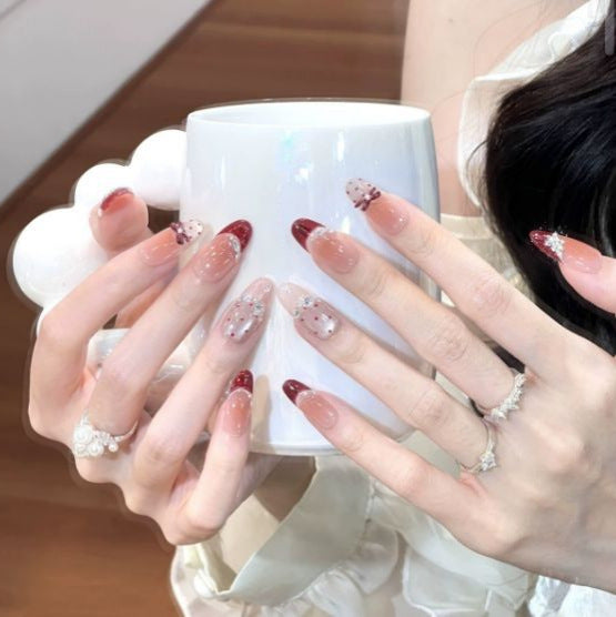 Artistic Long Stiletto Press-On Nail Set with Bow and Gemstone Accents Kalsten