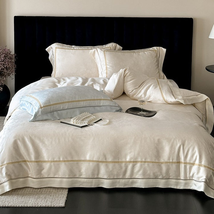 Luxurious cotton satin bedding set with jacquard floral pattern and embroidered border