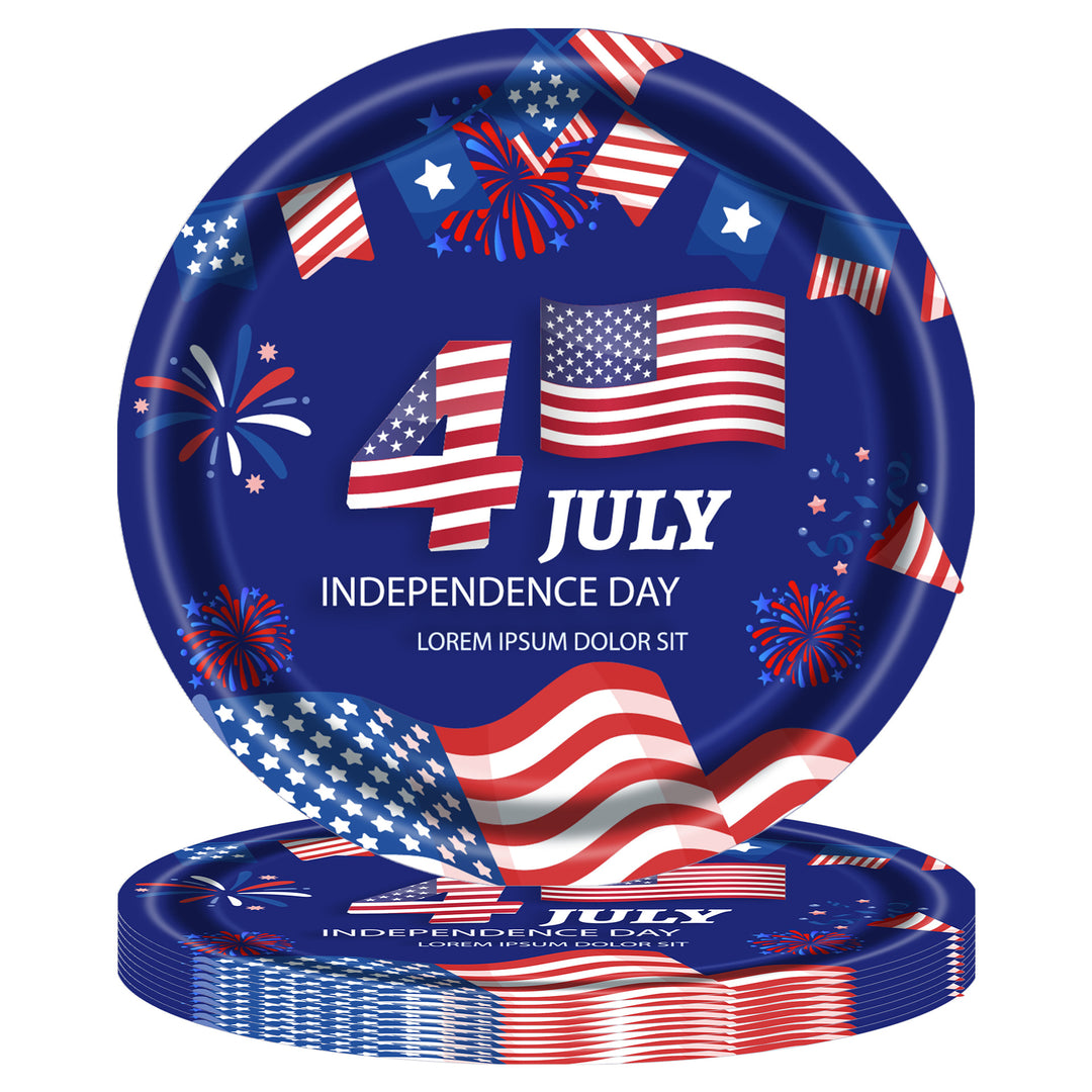 Unisex disposable paper plate with patriotic Statue of Liberty and stars and stripes design, sturdy wide rim Kalsten
