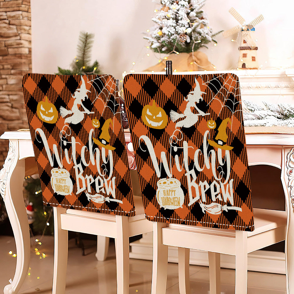 festive Halloween chair covers made of stretchable polyester with witch hat and lettering design