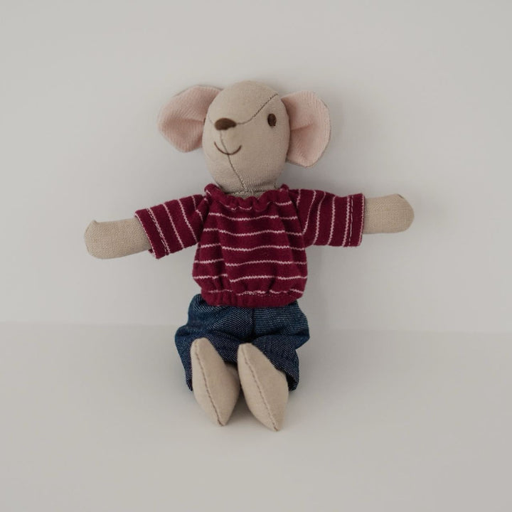 Handcrafted Linen Mouse Plush Doll with Striped Knit Shirt and Denim Pants