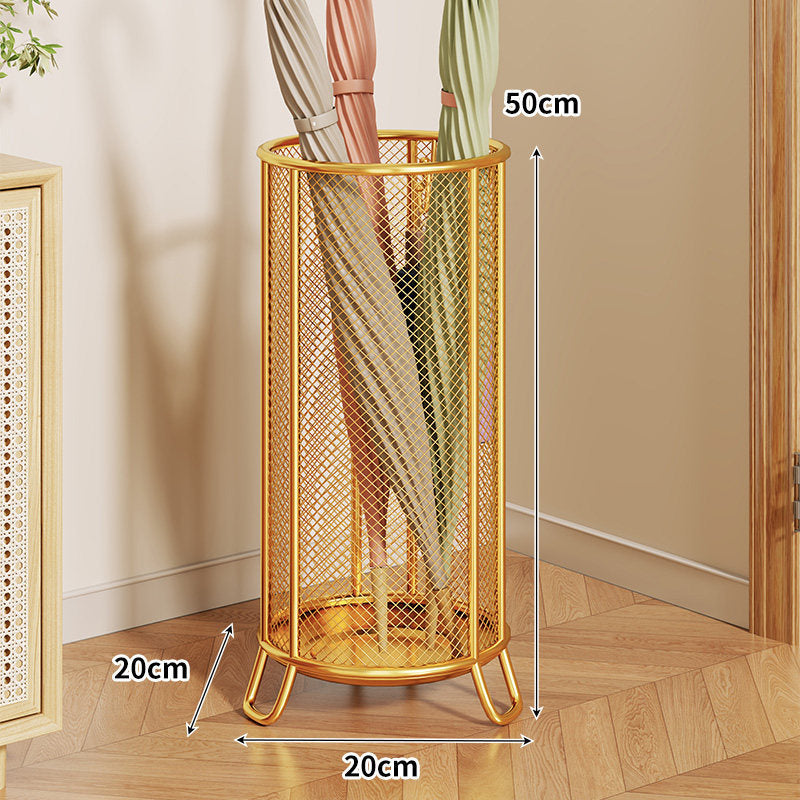 Cylindrical Perforated Metal Umbrella Stand with Raised Legs and Ventilated Mesh Body